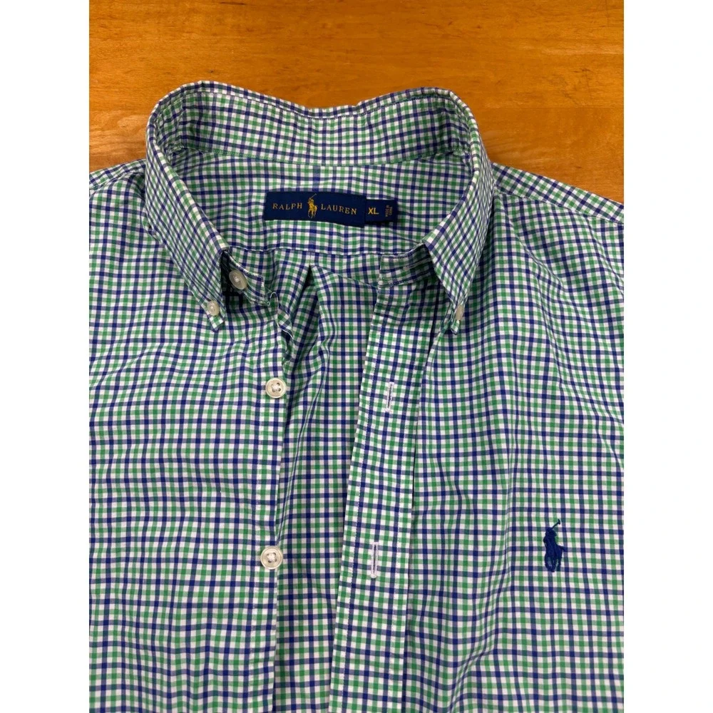 Polo Ralph Lauren Mens XL Gingham Button Down Shirt Green Blue Check Cotton Long